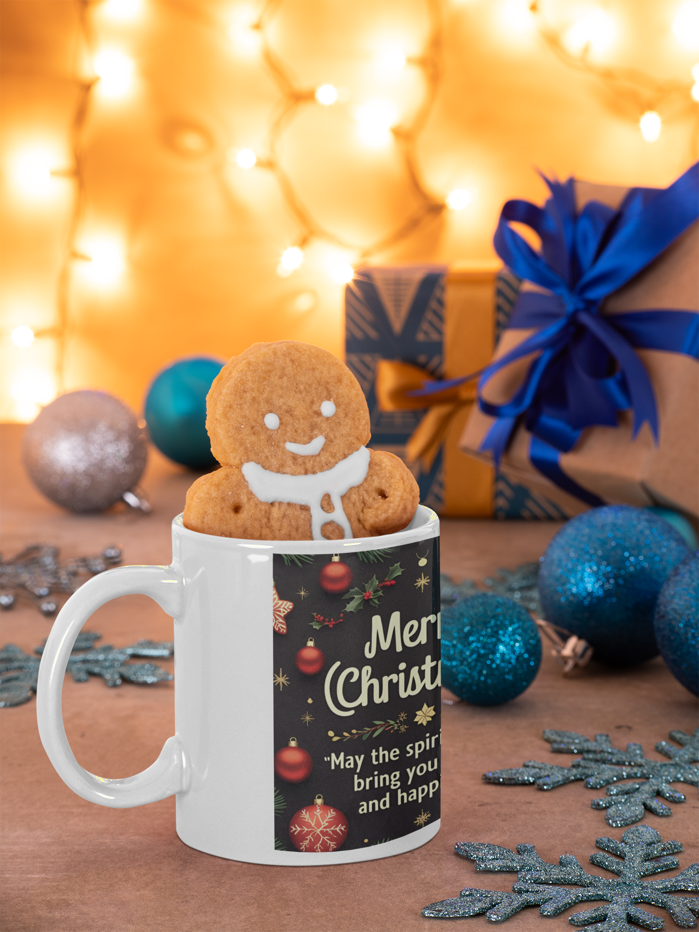 White mug with Christmas design, gingerbread man cookie, and festive background with lights and decorations.