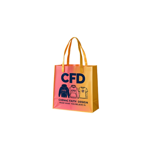 Tote bag with 'CFD' branding and colorful design on a white background