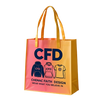 Gradient pink to orange tote bag with 'CFD' branding and clothing icons.