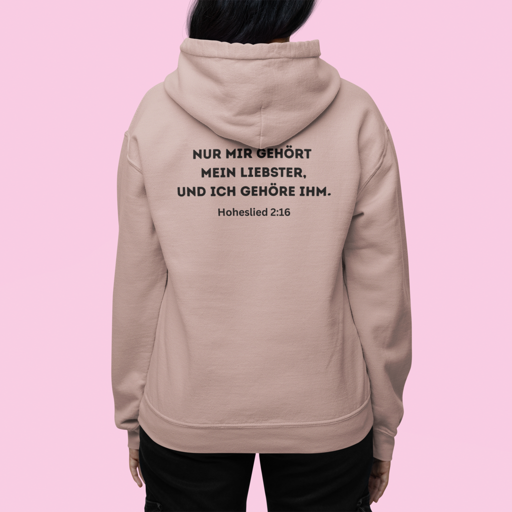 Beige hoodie with text on the back against a pink background