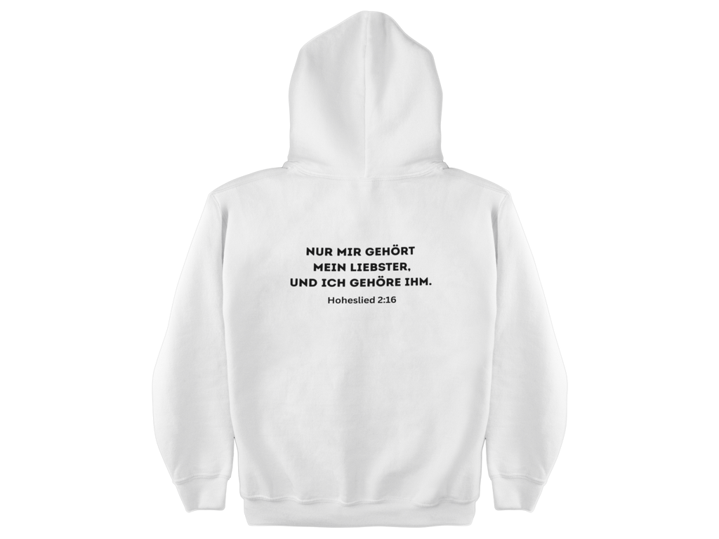 White hoodie with black text on a white background