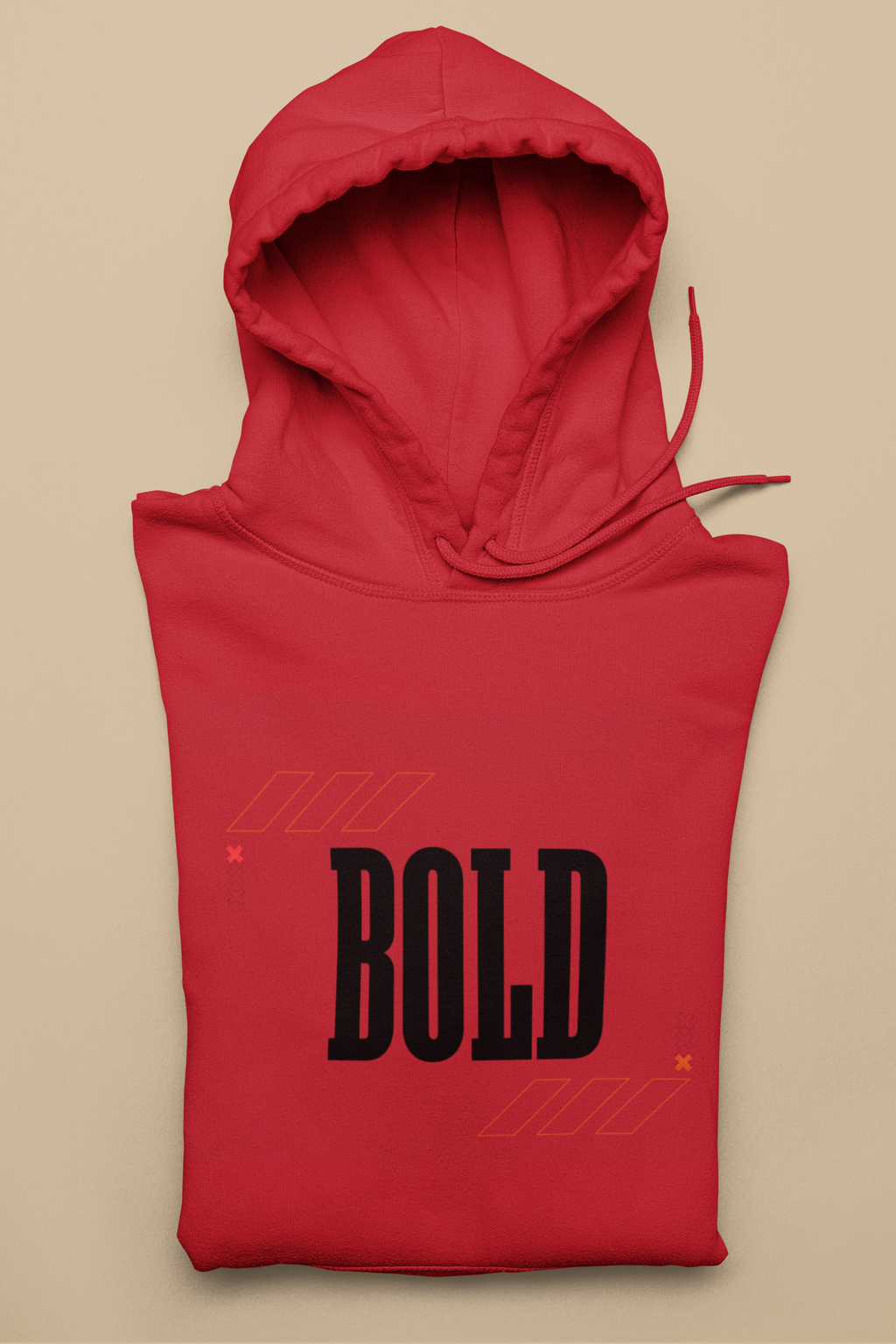 Red hoodie with 'BOLD' text on a beige background