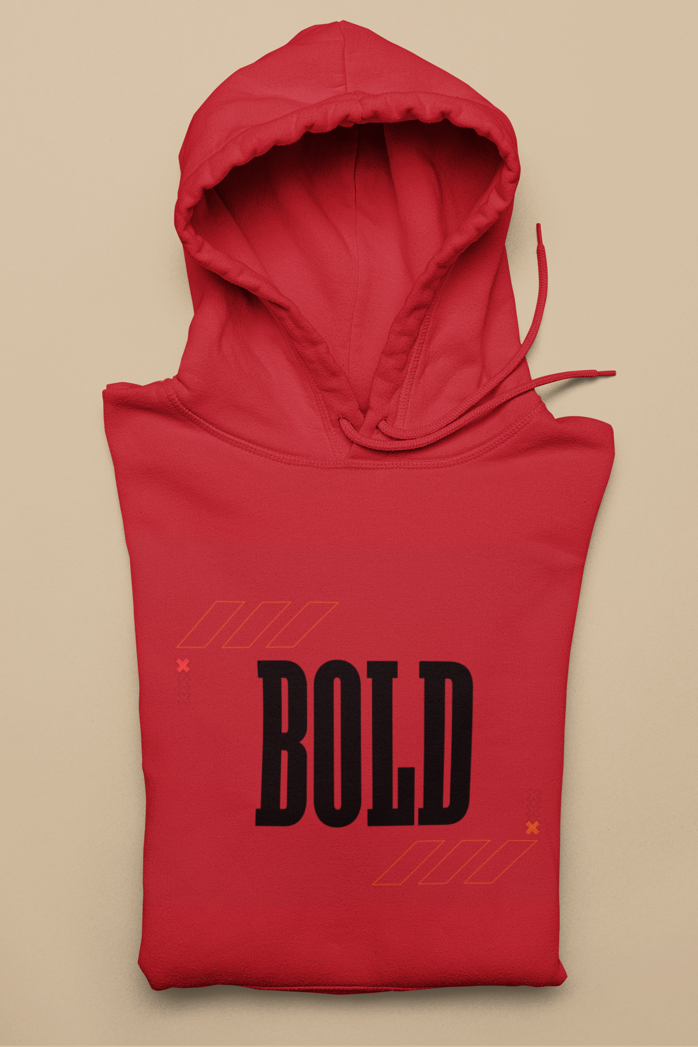 Red hoodie with 'BOLD' text on a beige background