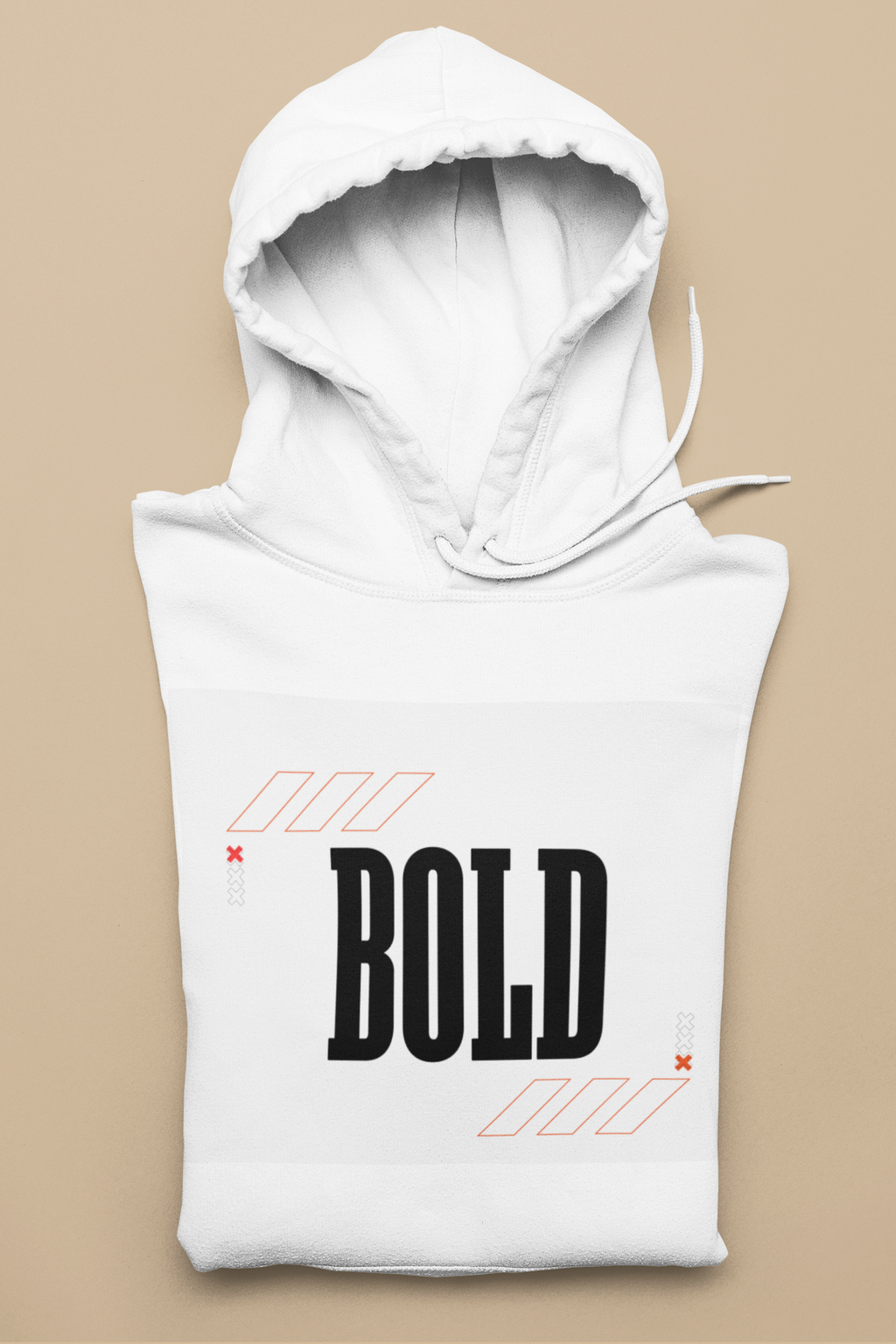 White hoodie with 'BOLD' text on a beige background
