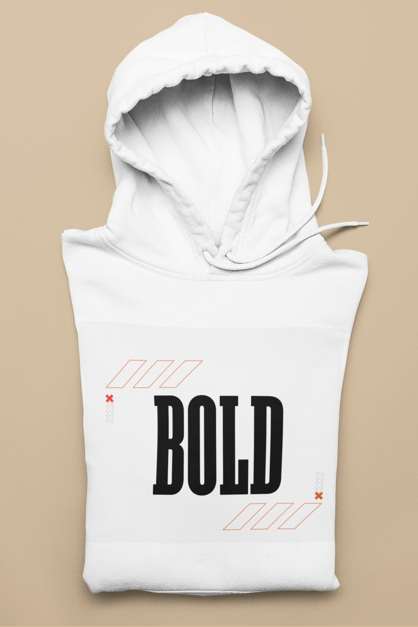 White hoodie with 'BOLD' text on a beige background