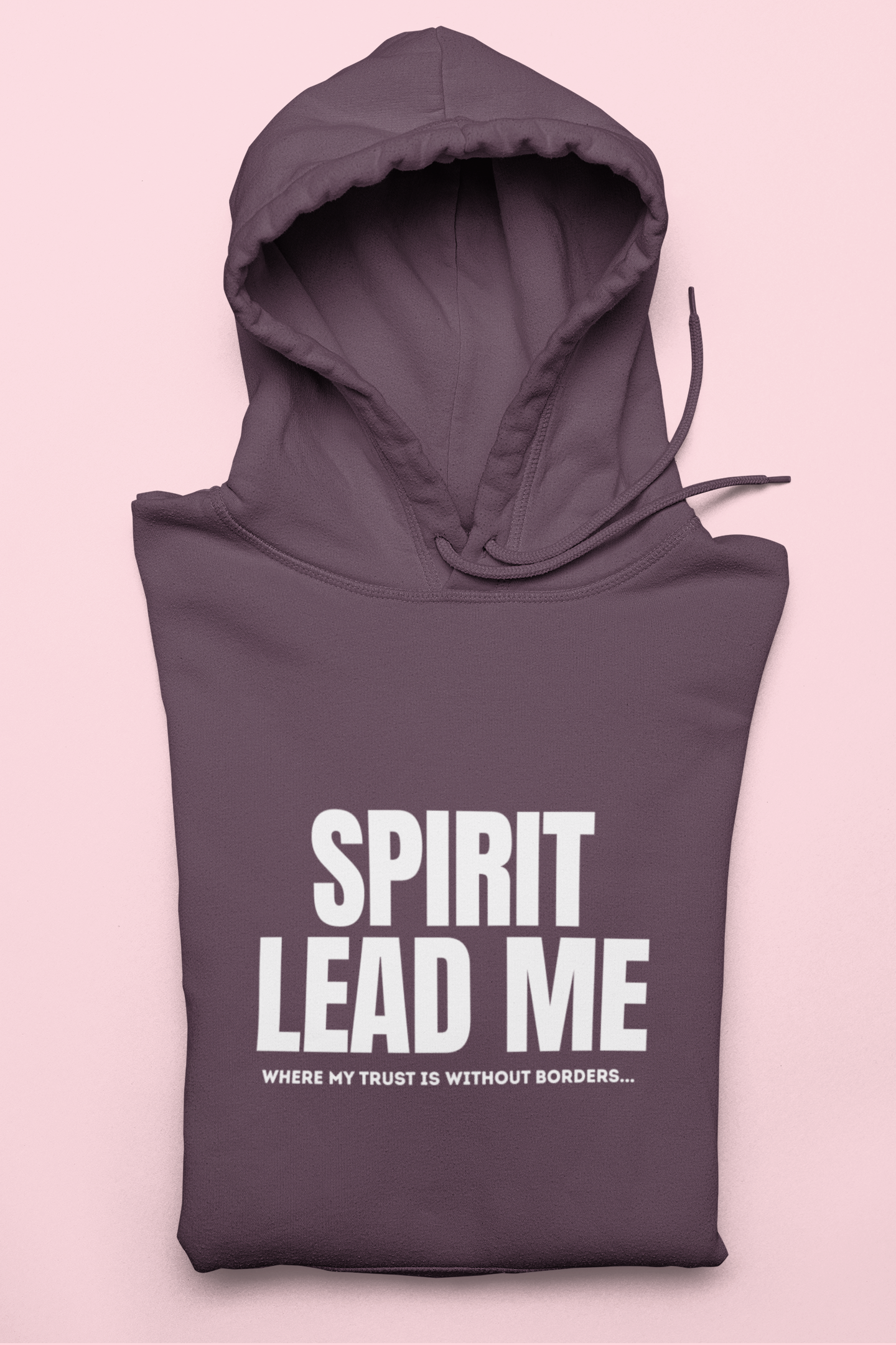 Gray hoodie with 'Spirit Lead Me' text on a pink background