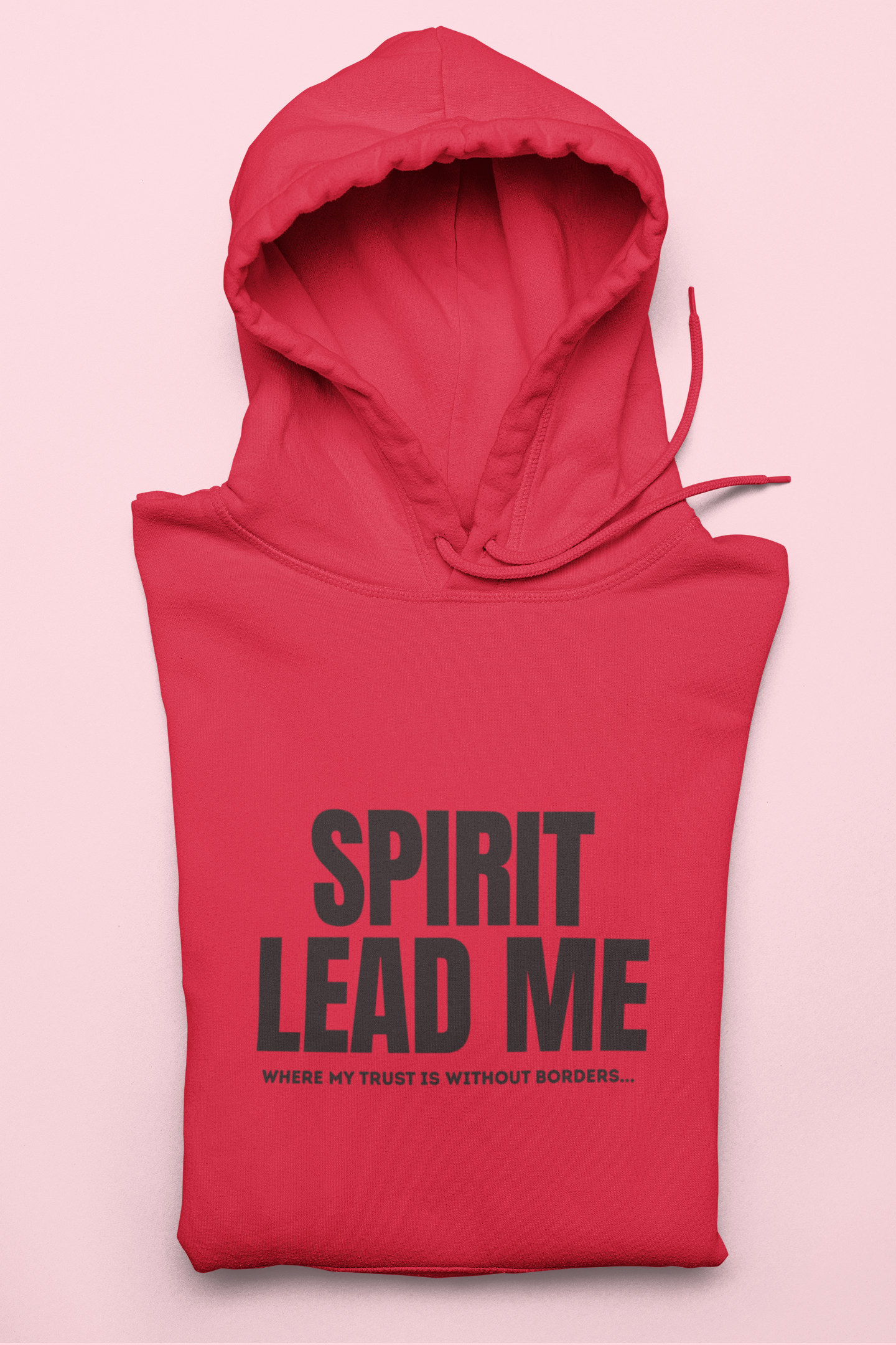 Red hoodie with 'Spirit Lead Me' text on a pink background