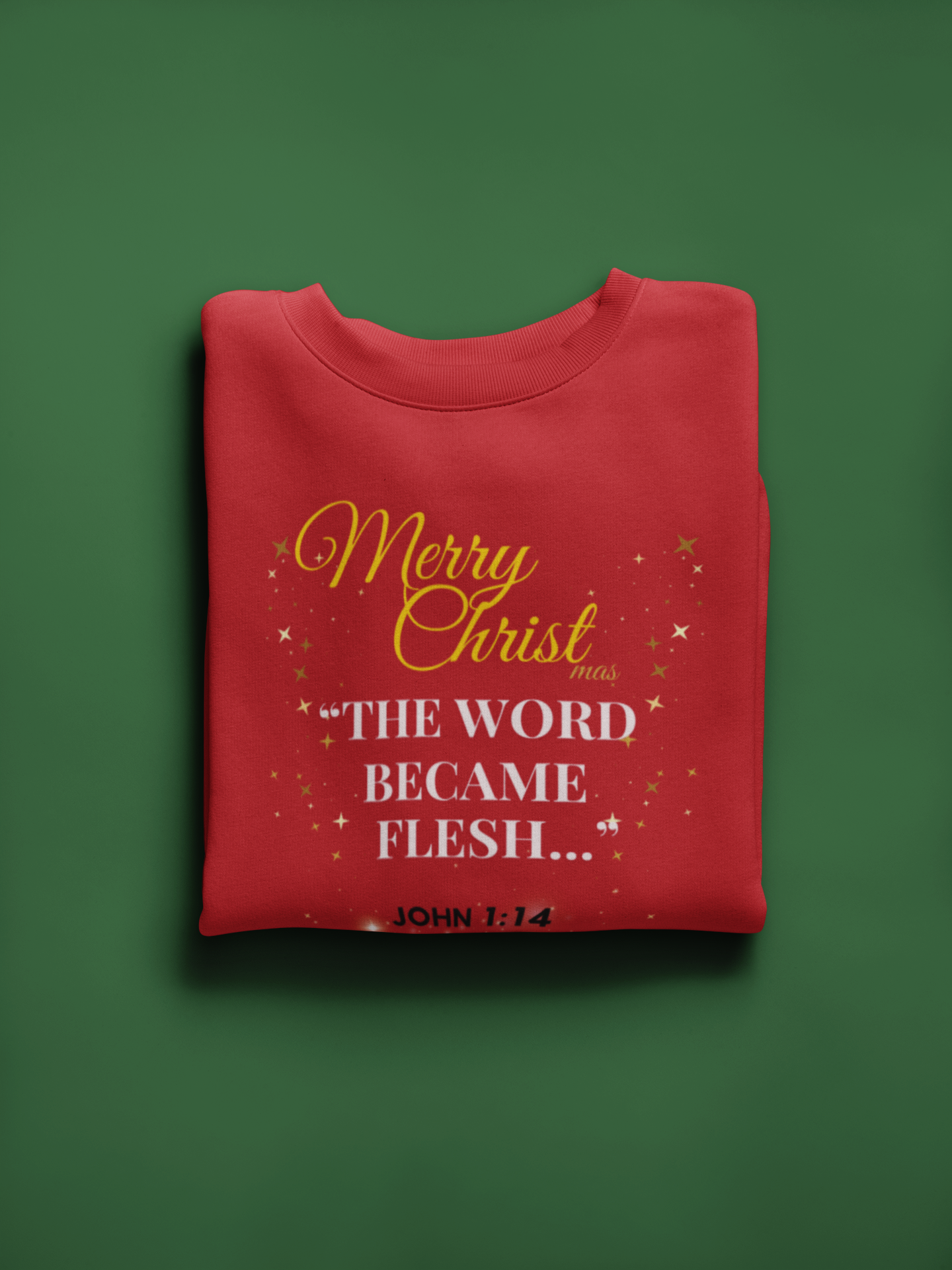 Red sweatshirt with Christmas text on a green background