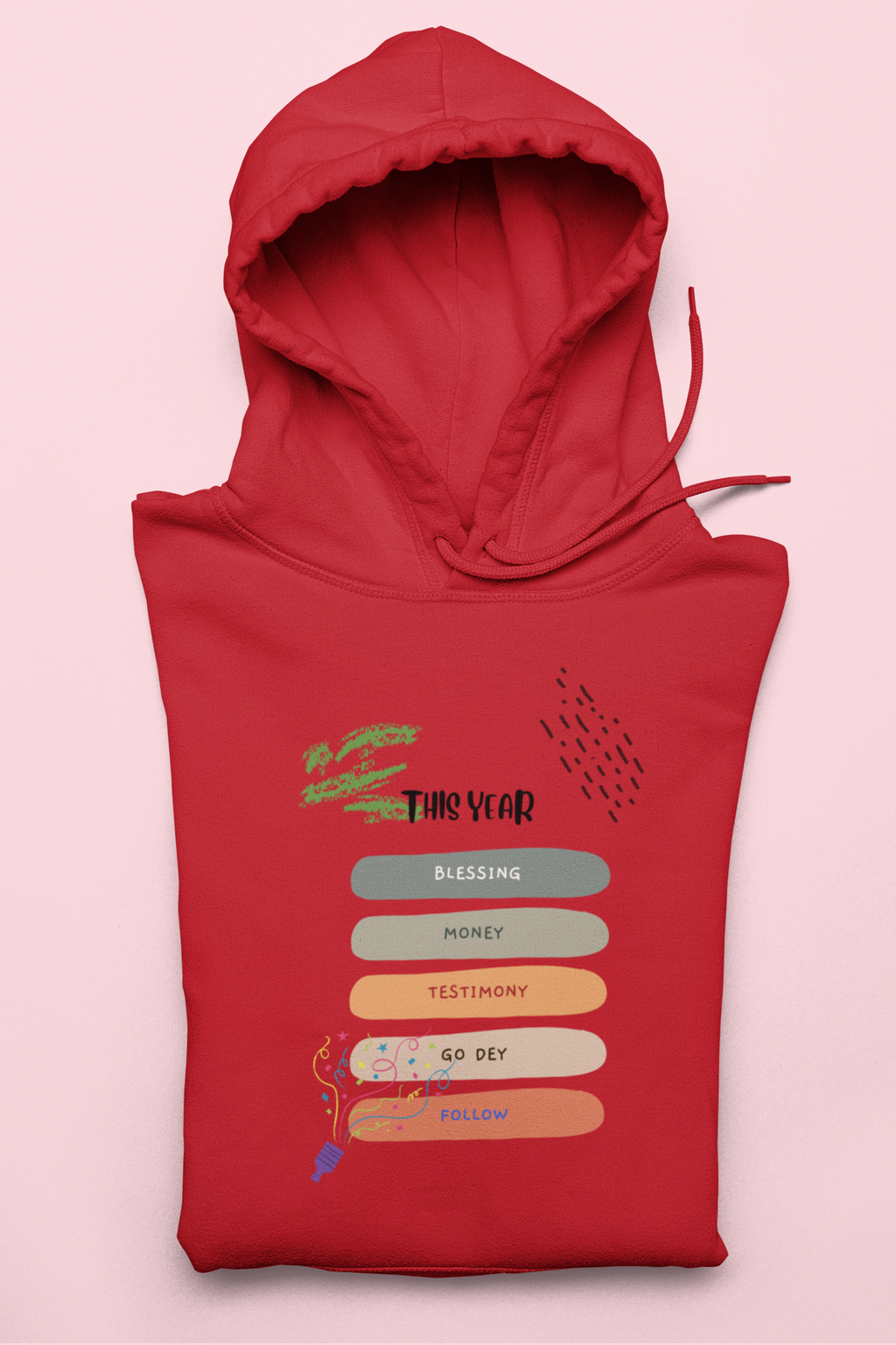 Red hoodie with text design on a pink background