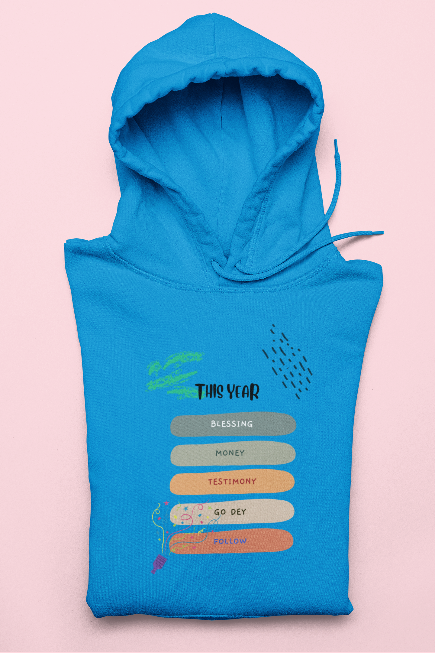 Blue hoodie with text design on a pink background