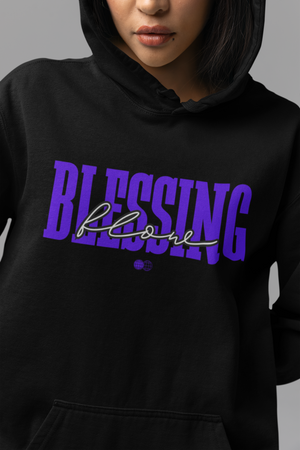 Person wearing a black hoodie with 'BLESSING flow' text in purple and white.