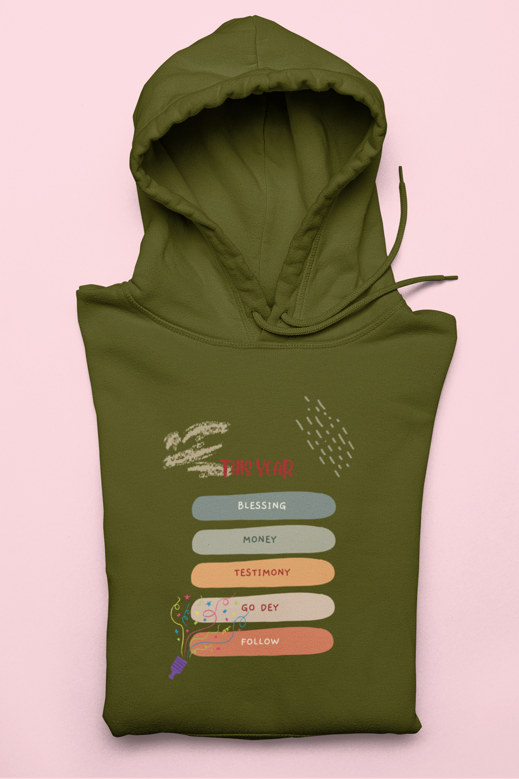Green hoodie with text design on a pink background