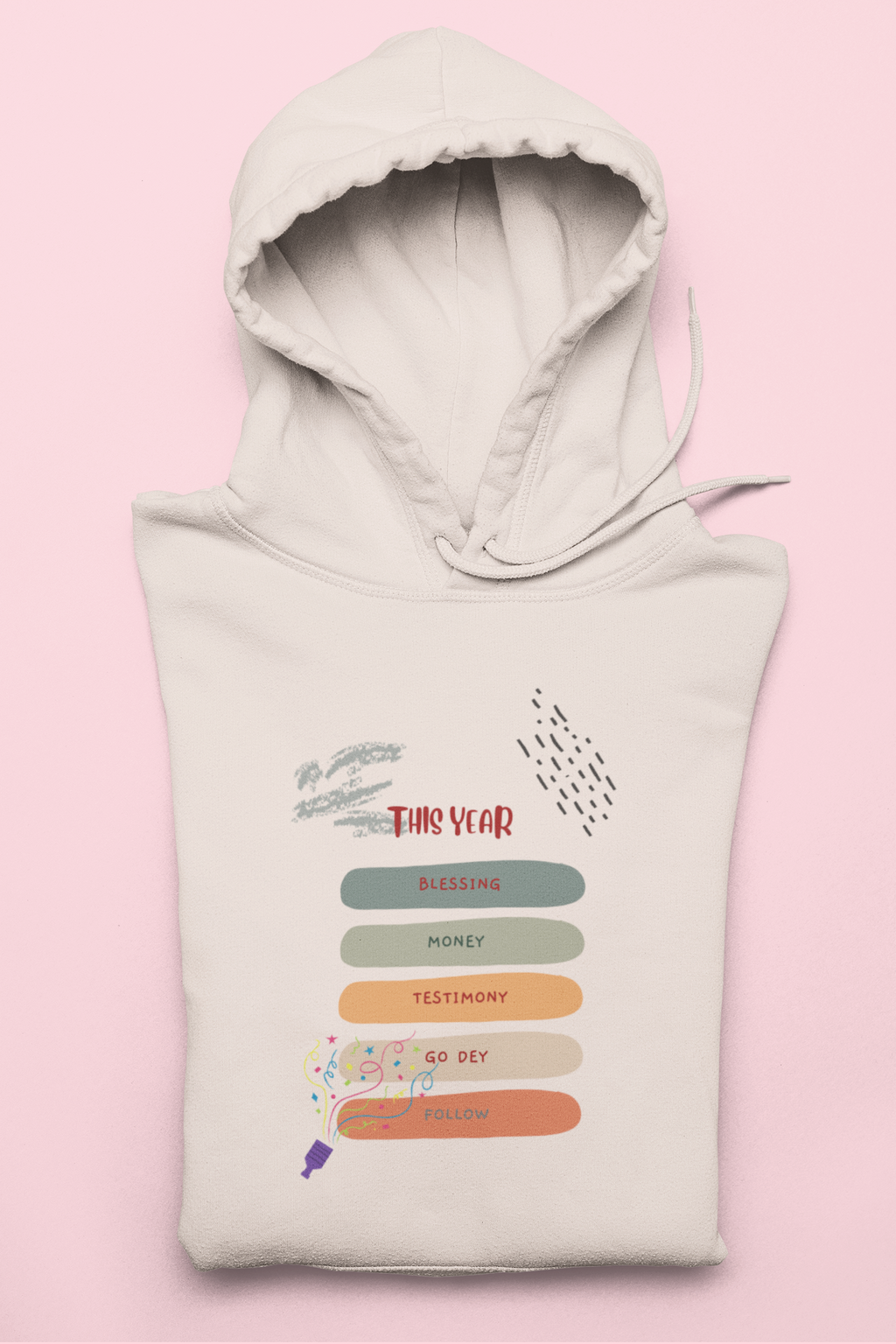 Light gray hoodie with colorful text design on a pink background
