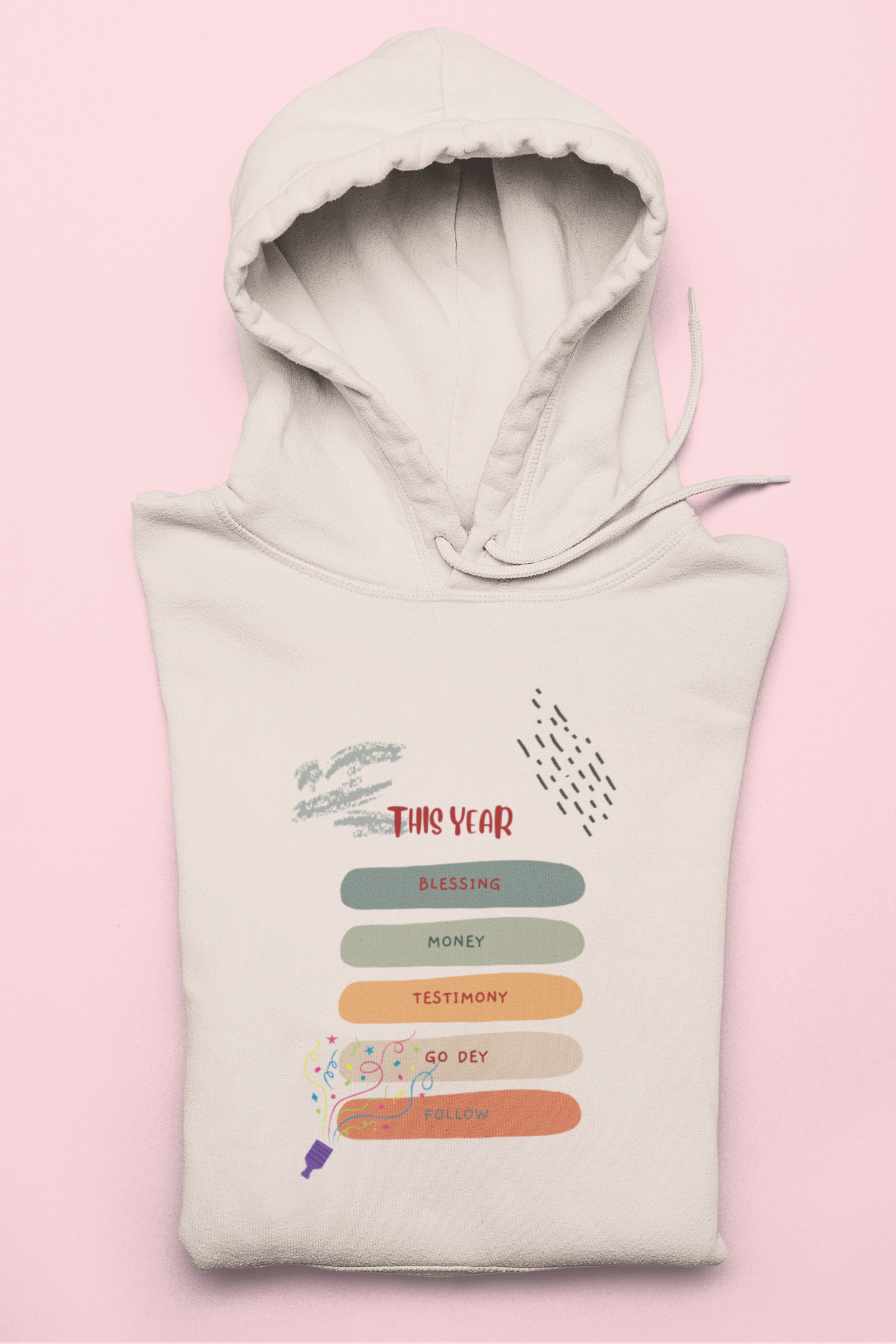 Light gray hoodie with colorful text design on a pink background