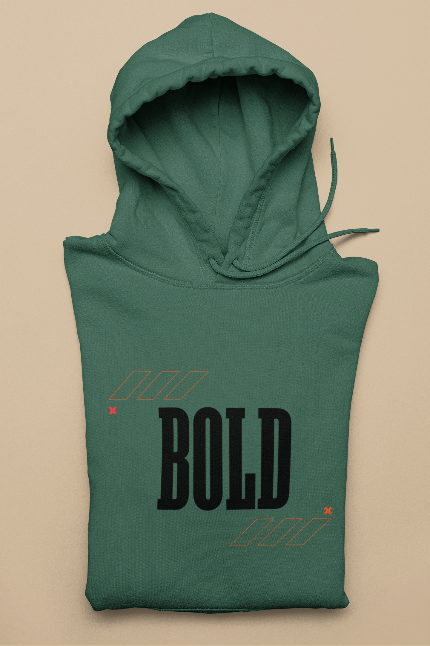 Green hoodie with 'BOLD' text on a beige background