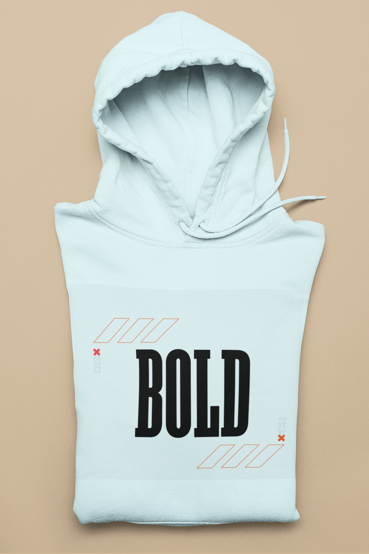 Light blue hoodie with 'BOLD' text on a beige background