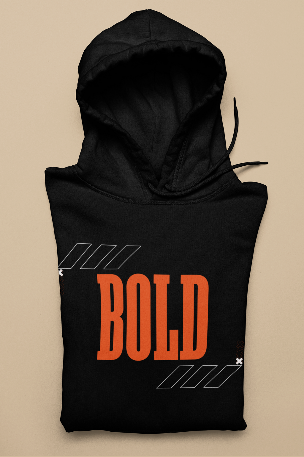 Black sleeveless hoodie with 'BOLD' text on a beige background