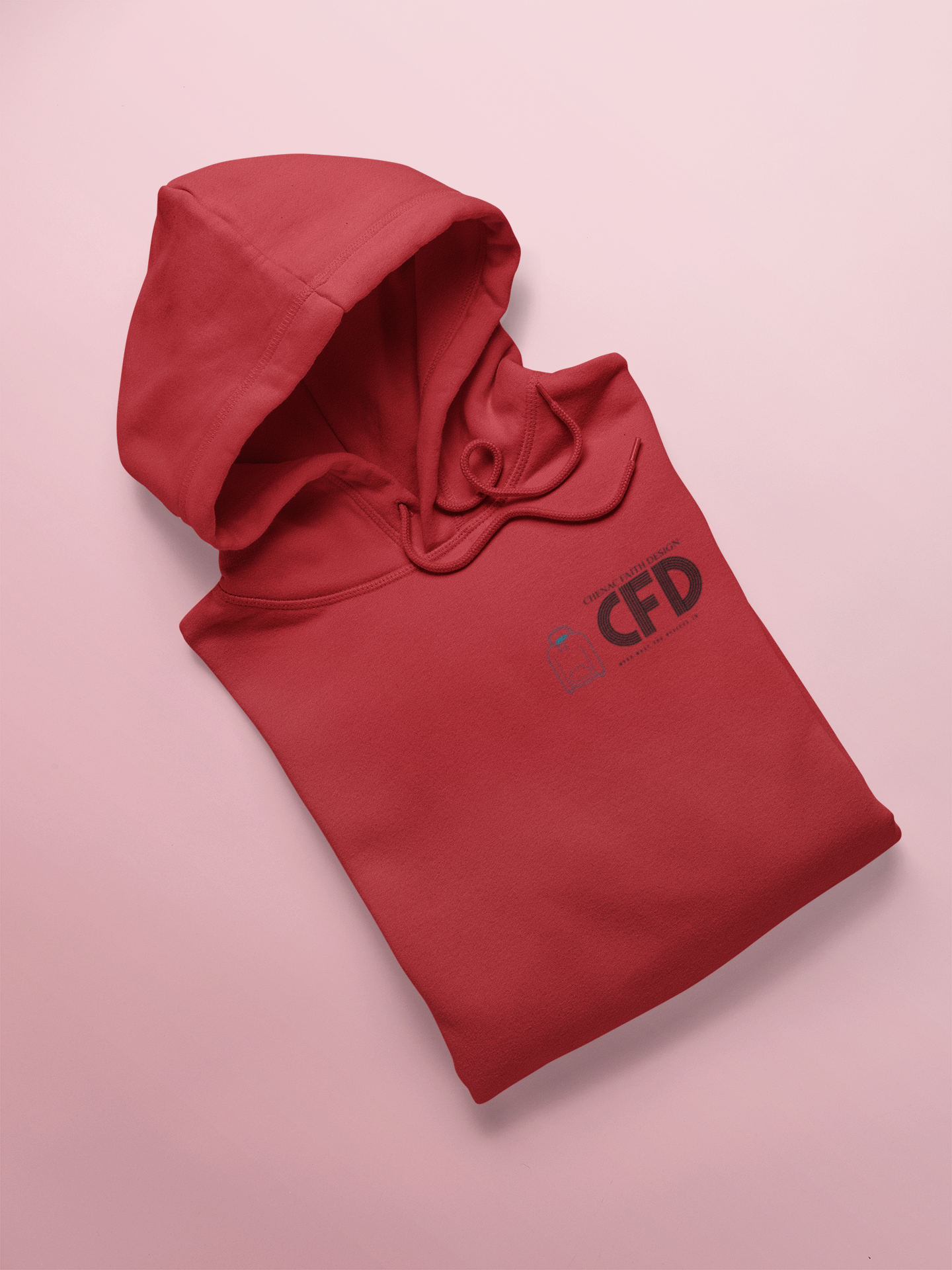 Red hoodie with 'CFD' logo on a pink background