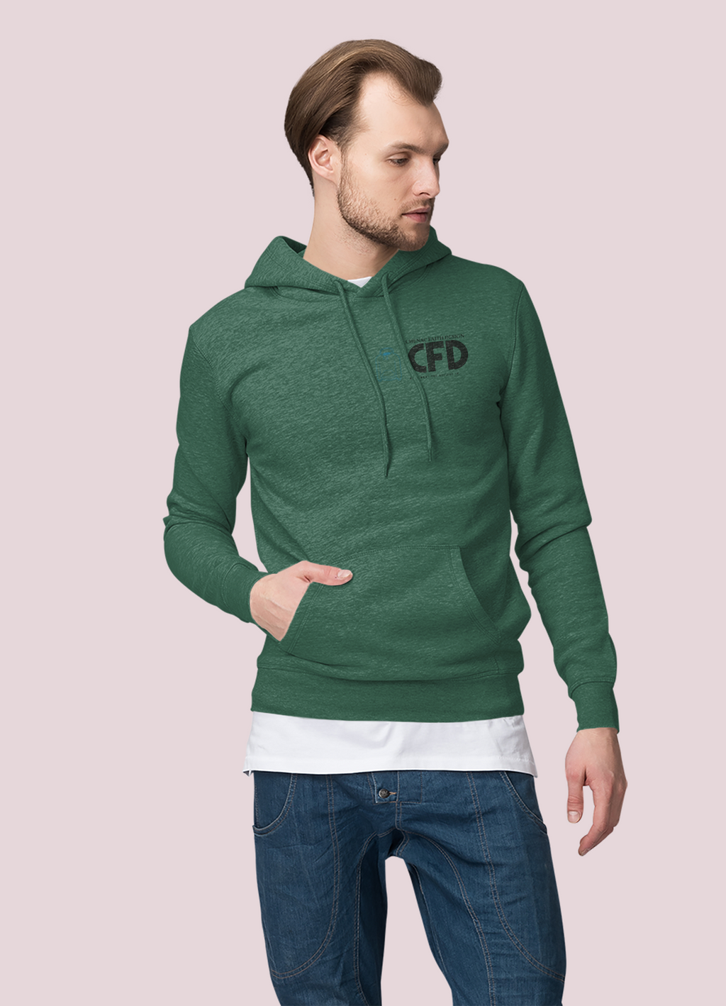 Man wearing a green hoodie with 'CFD' logo on a light pink background