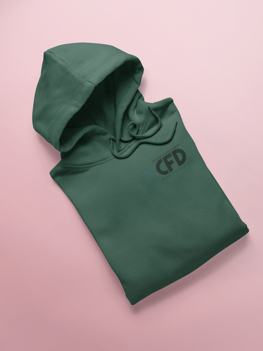 Green hoodie with 'CFD' logo on a pink background