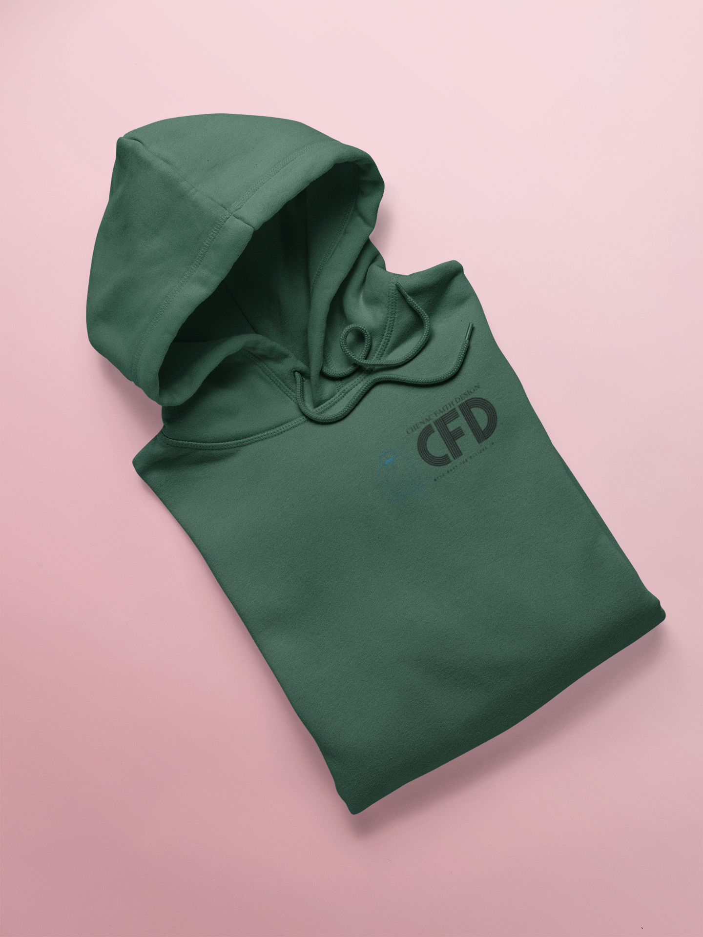 Green hoodie with 'CFD' logo on a pink background