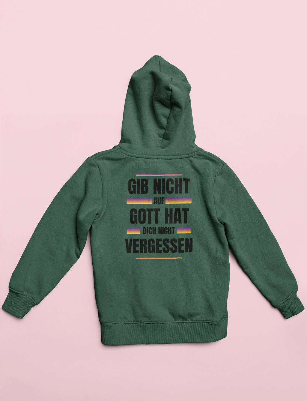 Green hoodie with text on a pink background