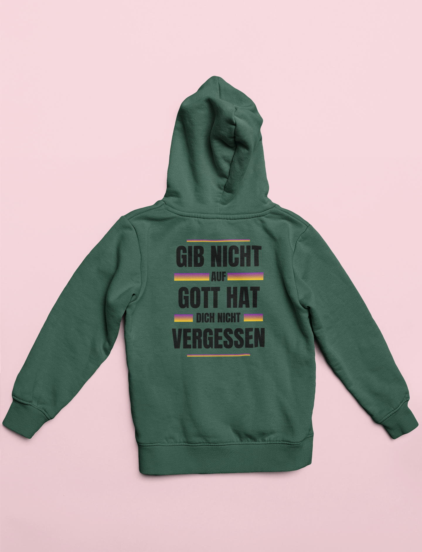 Green hoodie with text on a pink background
