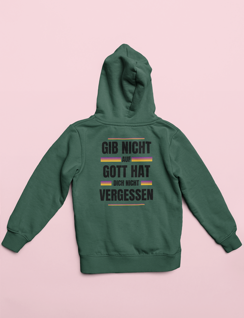 Green hoodie with text on a pink background