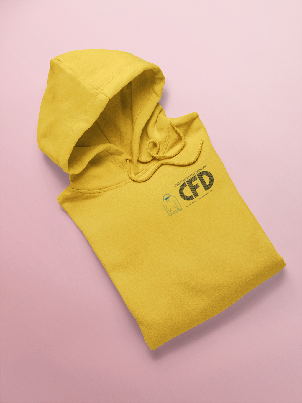 Yellow hoodie with 'CFD' logo on a pink background