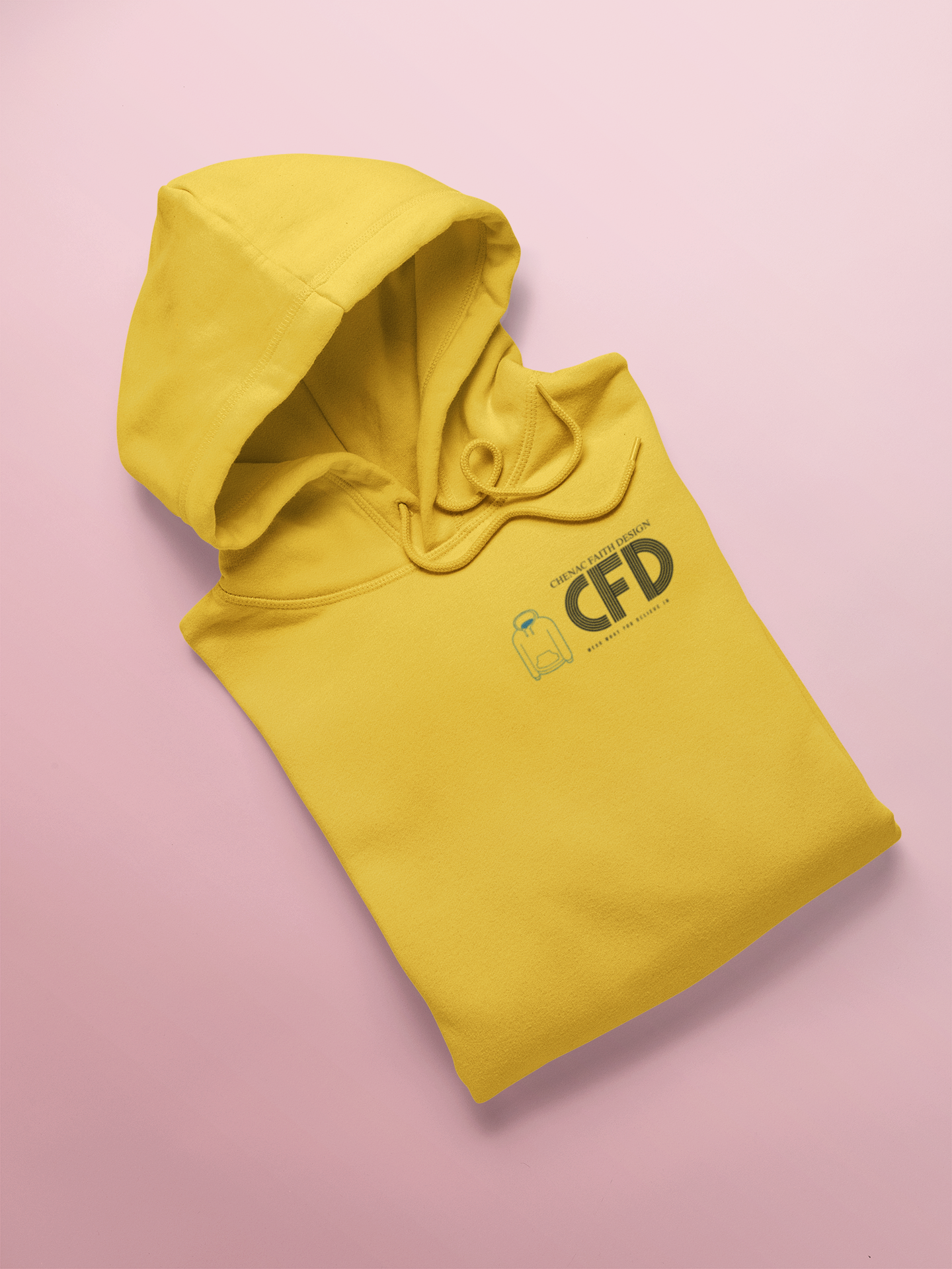Yellow hoodie with 'CFD' logo on a pink background