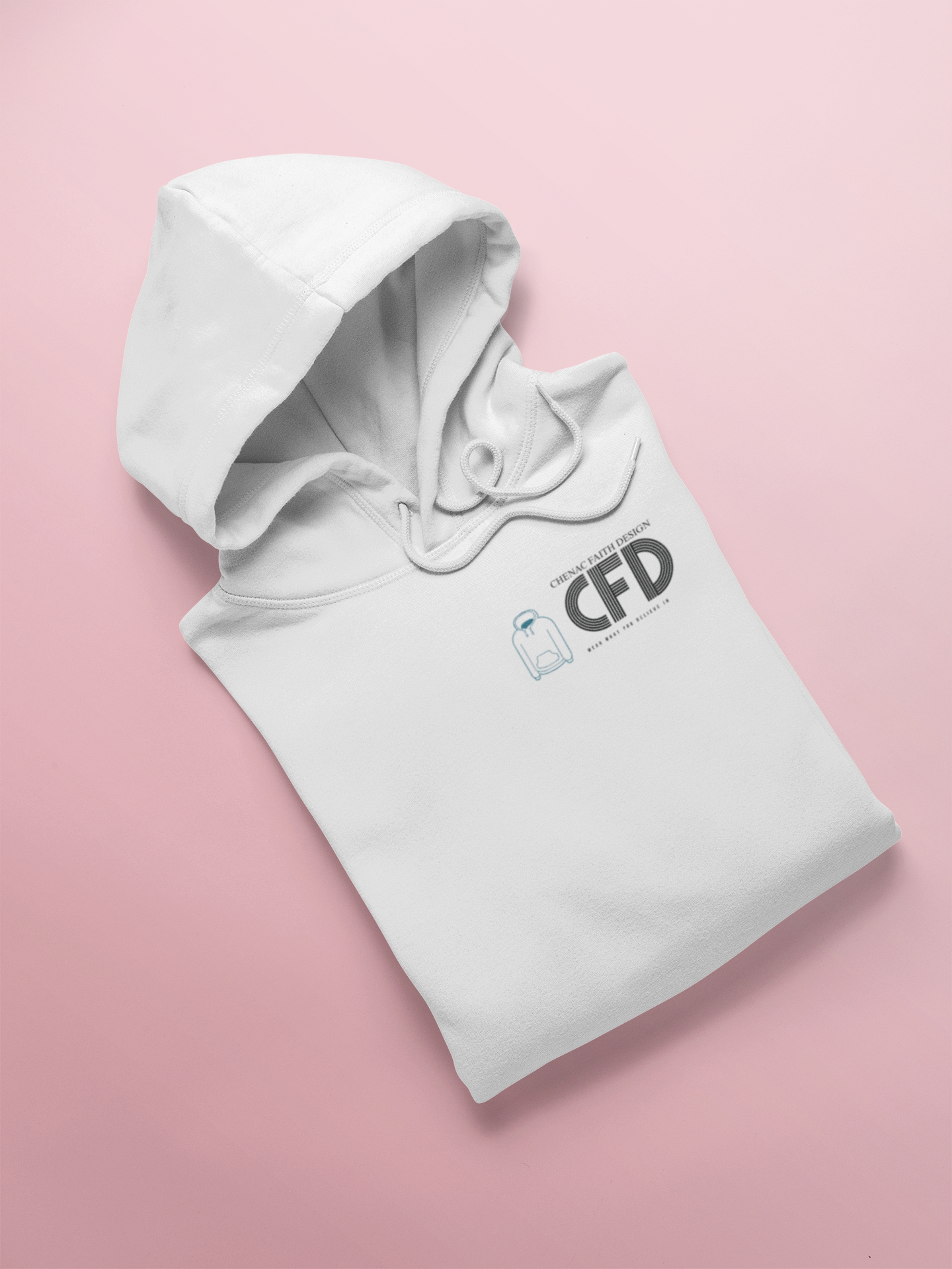White hoodie with 'CFD' logo on a pink background