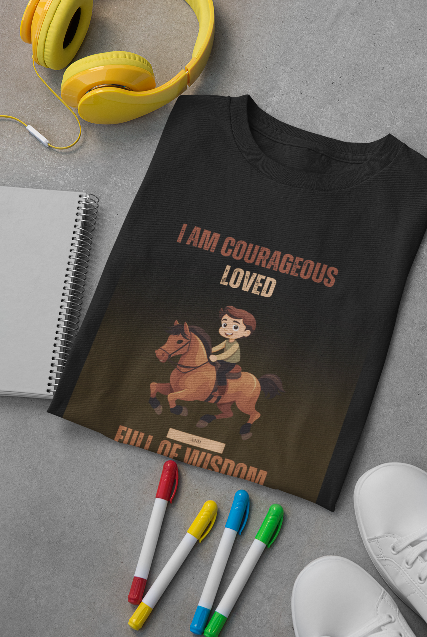 Black t-shirt with a graphic of a child riding a horse and text, placed on a gray surface with markers and headphones.