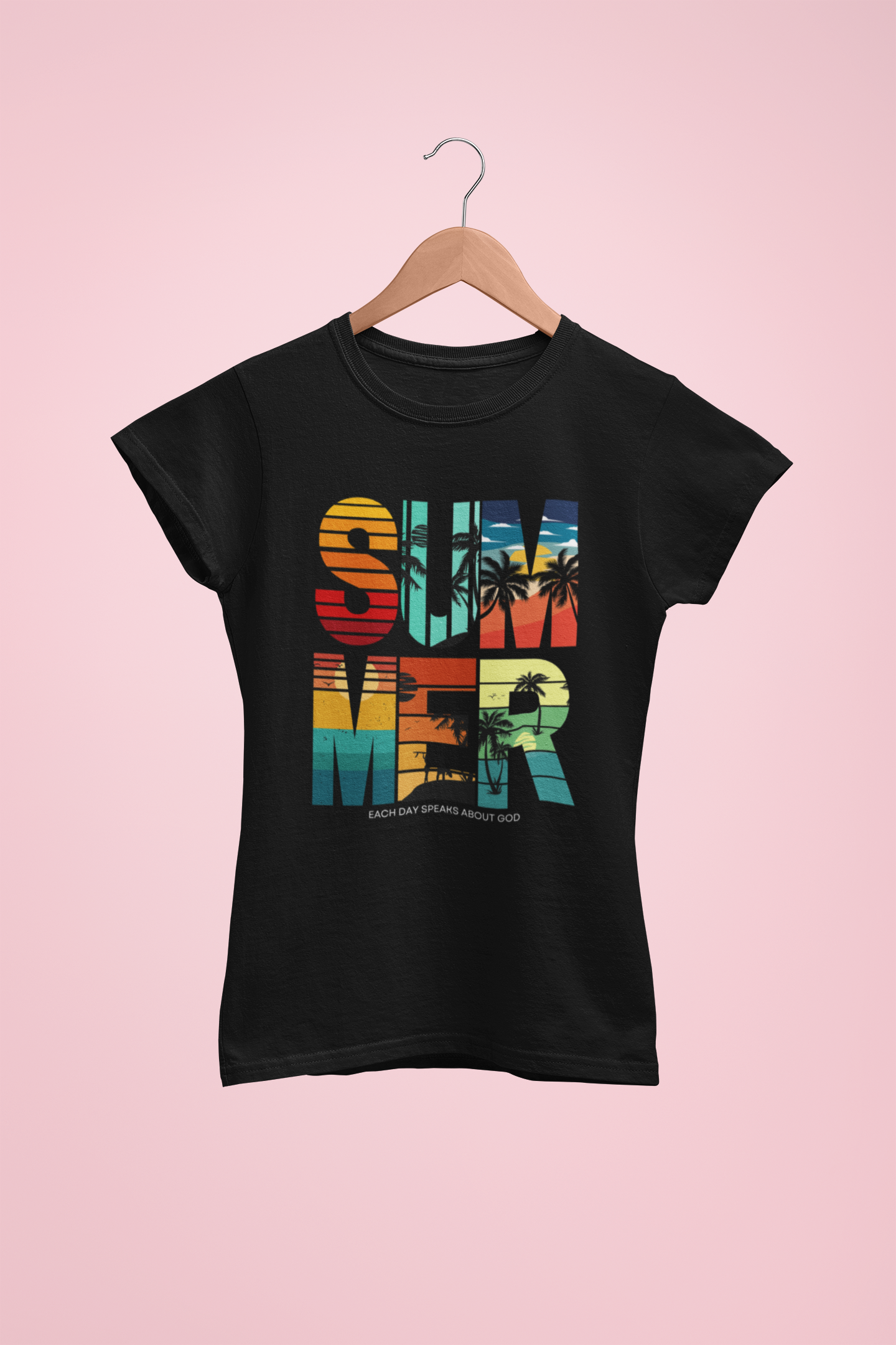Black t-shirt with colorful 'SUMMER' design on a pink background