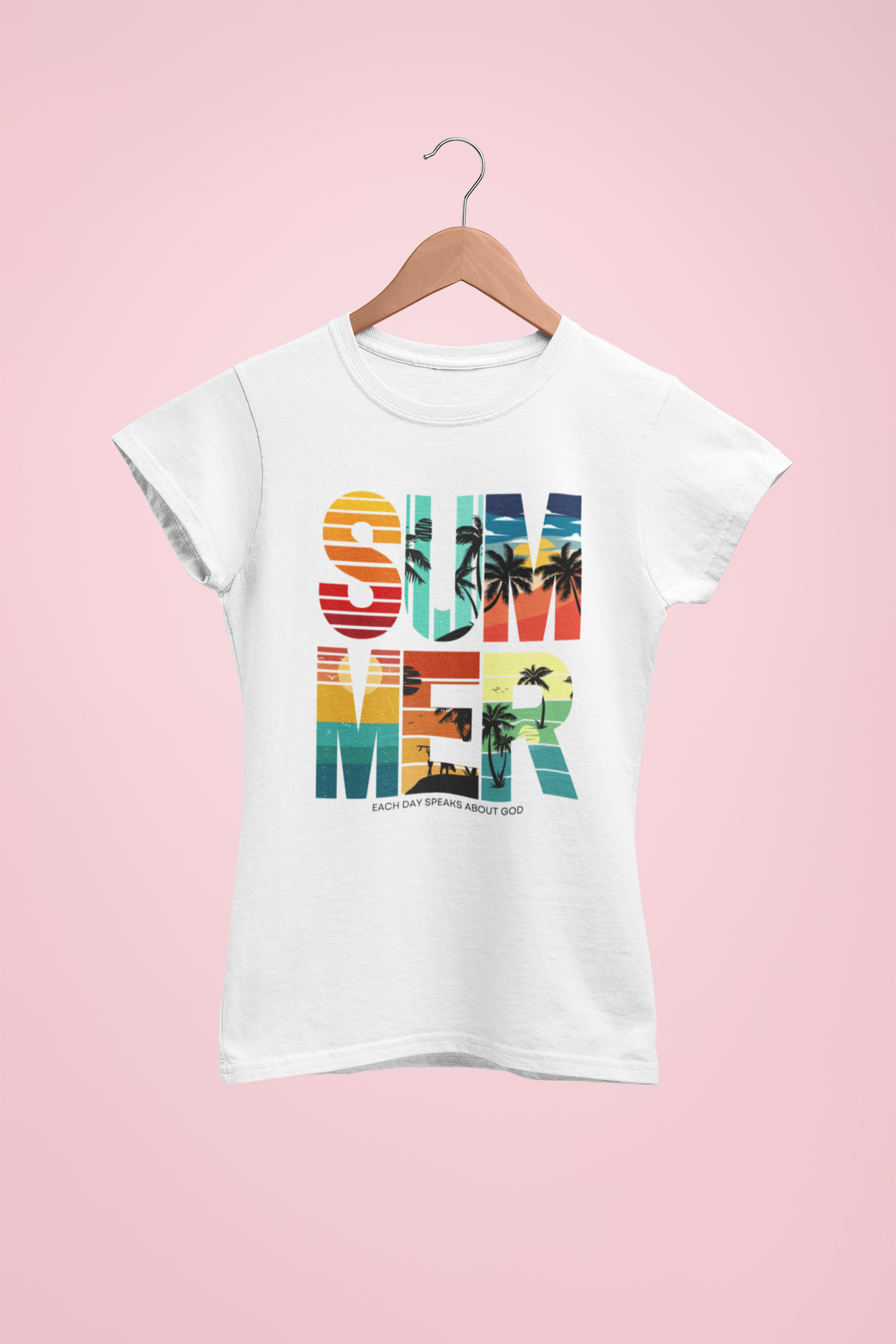 White t-shirt with 'Summer' graphic on a pink background